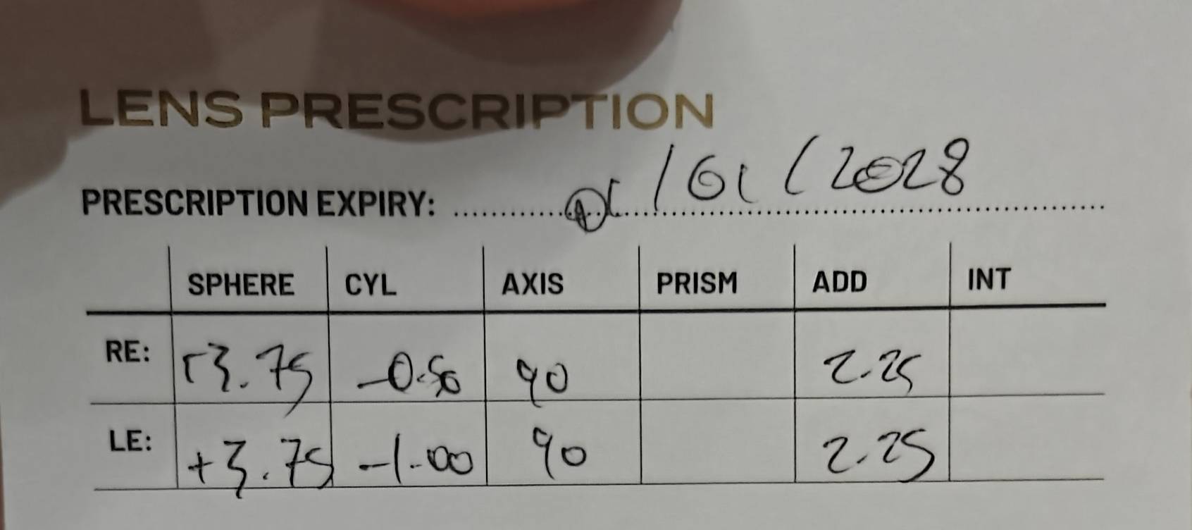Lens prescription card